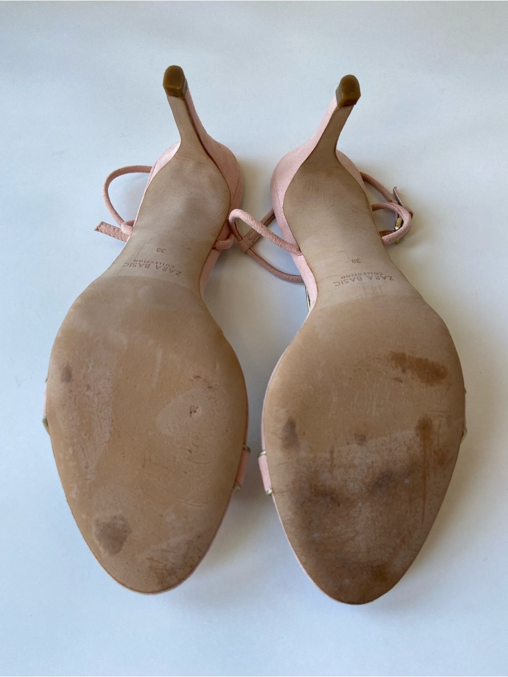 Zara Pink Blush Suede T-Strap Sandals with Gold Trim - Picture 7 of 8